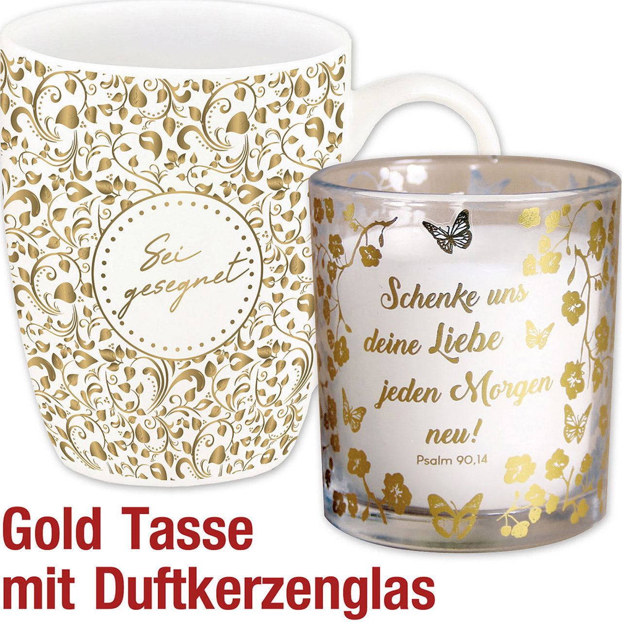 2er-Set Goldtasse 'Gesegnet' mit Duftkerzenglas 'Schenke'