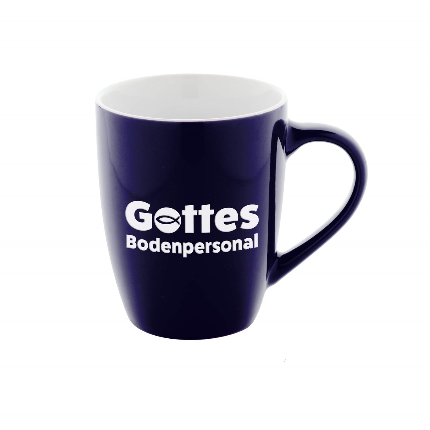 Keramiktasse 'Gottes Bodenpersonal' blau