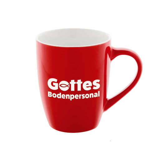 Keramiktasse 'Gottes Bodenpersonal' rot