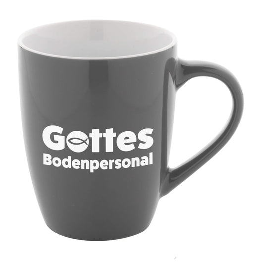 Keramiktasse 'Gottes Bodenpersonal' grau