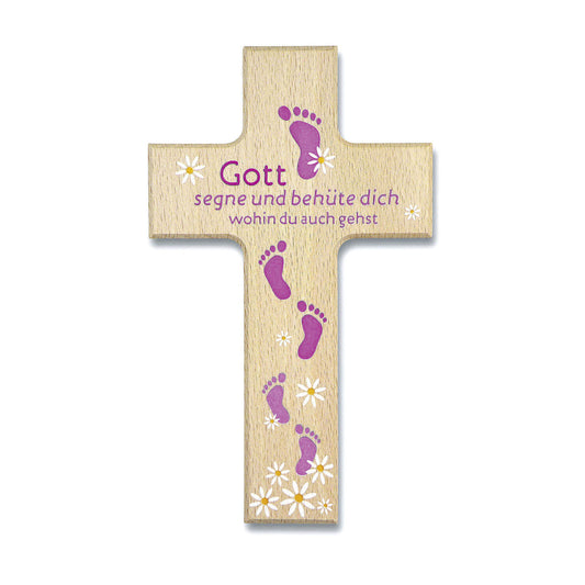 Holzkreuz 'Gott segne und behüte' pink