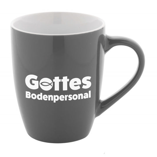 Keramiktasse 'Gottes Bodenpersonal' grau